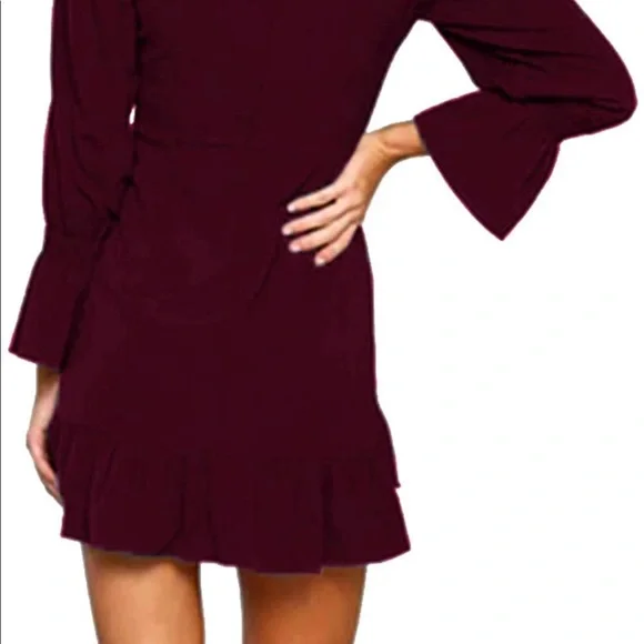 2/$40 VDAY Women wine red ruffle front wrap dress long sleeve burgundy medium - Picture 3 of 11